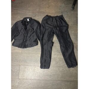 SLB Black Silk Suit Jacket Pants Set Beaded Trim Women's Size 8
